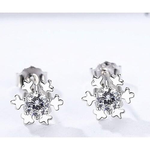 Real 925 Sterling Silver Wedding Earrings Luxury Female White Crystal Snowflake Earrings For Women Small Double Stud Earrings