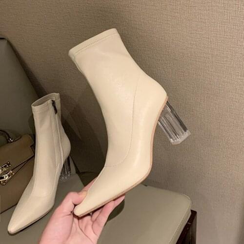 2020 New Fashion Women Ankle Booties Beige Elastic Leather Chelsea Boots Point Toe Stretch Knight Bottes Clear Transparent Heels