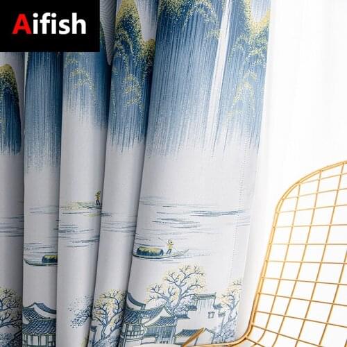 New Chinese Classical Ink Landscape Painting Printed Shading Curtain High-Grade Chiffon Fabric For Living Room Bedroom Rideau 6