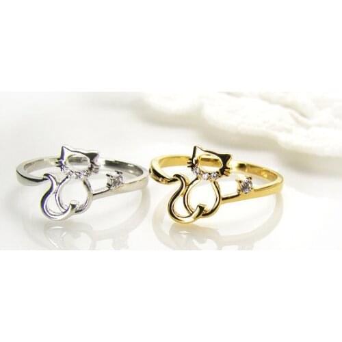 Wholesale Hollow out Kitty Cat Ring Crystal Animal Ring Kitten Gold Silver Plated gift idea-12Pcs/Lot