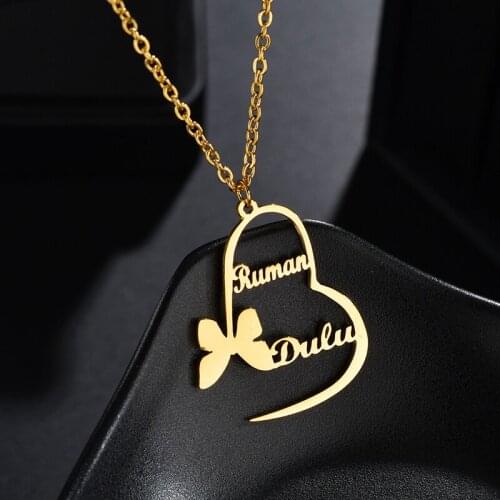 Handmade Custom Necklace For Lover Stainless Steel Heart Pendant Personalized Letter Butterfly Necklace Couple Gift