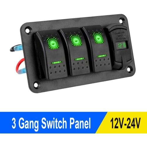 3 Gang Rocker Switch Panel 12V/24V Digital Voltmeter Dual USB Slot Charger Circuit Breaker ON/Off for Car SUV Marine RV Truck
