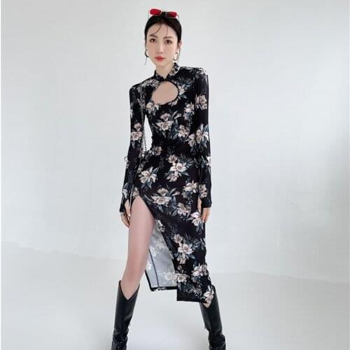 Spring Womens Sexy Hollow Split Print Slim Improved Retro Cheongsam Cheongsam Dress Vestidos Robe Femme