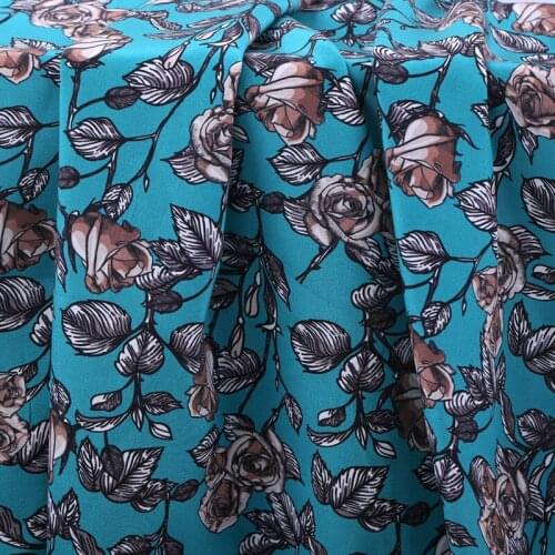 1 Meter Lake Blue Rose Flower Printing Crepe De Chine Silk Fabric 20 Summer