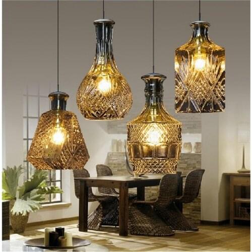 Retro Glass Wine Bottle Pendant Lights Modern Bar Restaurant Dining Room LED Art Hanging Lamp Hotel Cafe Decoration Pendant Lamp
