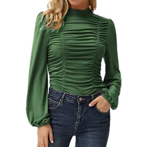 Women Blouse Solid Color Breathable O-Neck Long Sleeve Tops Half-high Collar Pleated Lantern Sleeve T-Shirt Casual Pullover