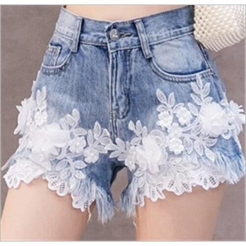White Lace Flowers Denim Jeans Women Fashion Cowboy Shorts 2020 New Embroidery Beading Lace Shorts Large Size Casual Hot Shorts