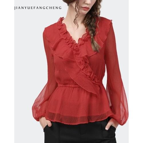 Long Sleeve Red Chiffon Tops Fashion Elastic High Waist Ruffles V-Neck Lantern Sleeved Women Spring Summer Blouses Elegant Slim