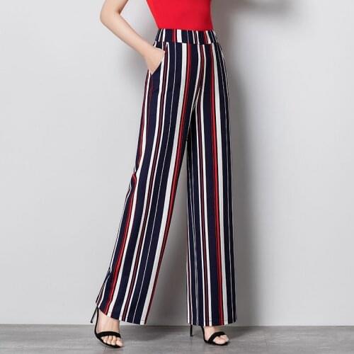 Summer stripe Wide Leg Pants For Women Casual Elastic High Waist 2021 New Fashion Loose Long Pants Spring Pant Trousers Femme