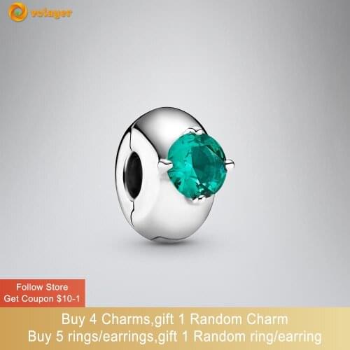 Volayer 925 Sterling Silver Green Round Solitaire Clip Charm fit Original Pandora Bracelets for Women Jewelry Making Gift
