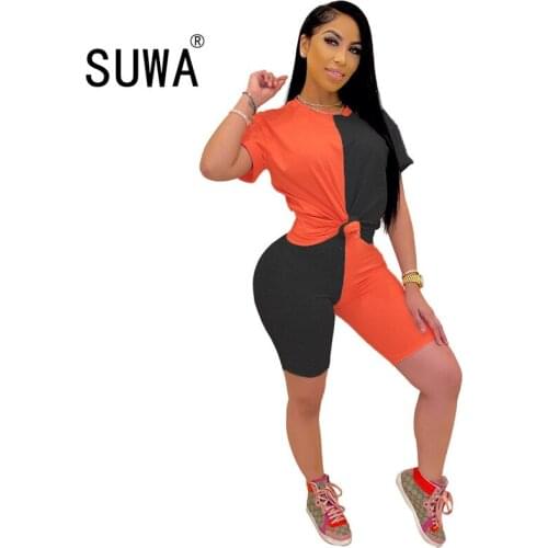 2020 hot sale summer 2 piece shorts set for women color patchwork t-shirt tunic + bodyon biker shorts street lounge wear