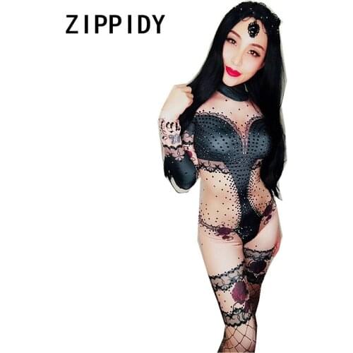 Black Stones Rose Flower Pattern Stretch Nude Jumpsuit Womens Party Show Bodysuit Stage Unique Outfit Female Singer Dance Wear