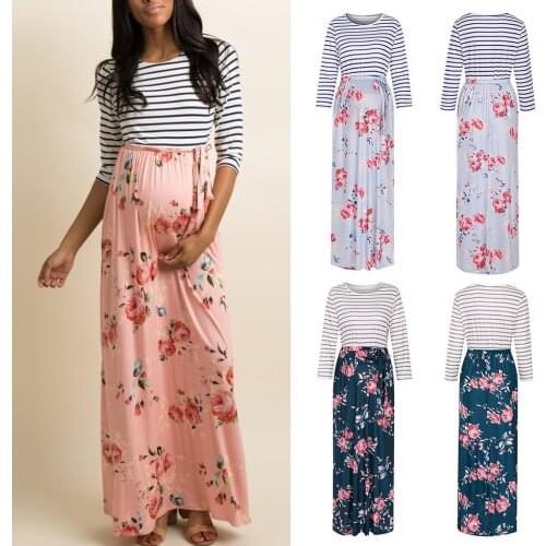 2020 Pregnancy Dress Fashion Comfortable Women Maternity 3/4 Sleeve Striped Floral Print Pregnancy Mother Wear Dress