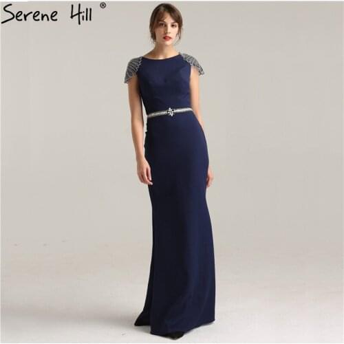 2020 Fashion Sleeveless Mermaid Elegant Evening Dresses Navy Blue Beading Sequined Slim Evening Dresses Serene Hill LA6254