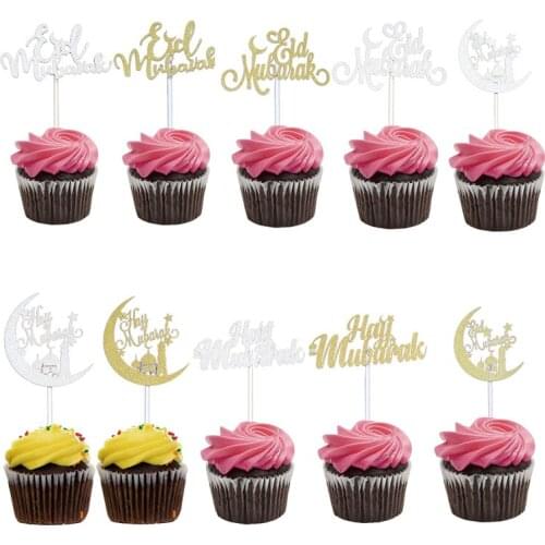 50pcs Gold Silver Eid Mubarak Cupcake Toppers, Muslim Umrah Mubarak Party Decoration, Eid Party Supplies, Glitter Cake Flags
