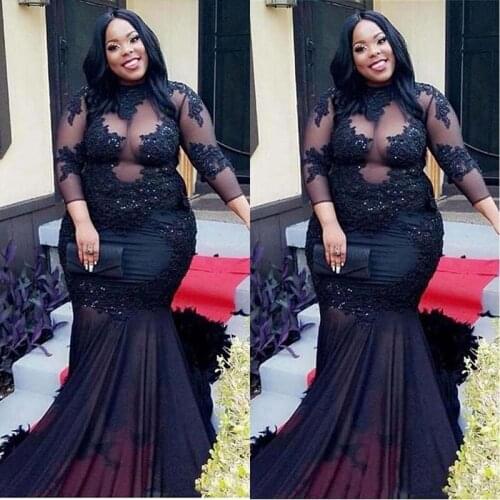 African Black Girls Plus Size Black Long Prom Dresses Mermaid High Neck Illusion Sheer Top Appliques Sequins Long Evening Gowns