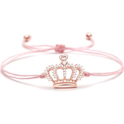 Sparkling White Cubic Zirconia Copper Crown Charm Bracelet 2020 New Chic Pink Blue Red String Chain Adjustable Jewelry Present