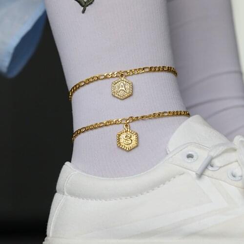 Hexagon Initial Letter Anklets for Women A-Z Alphabet Ankle Bracelet Foot Chain Beach Leg Bracelets Boho Jewelry Gifts