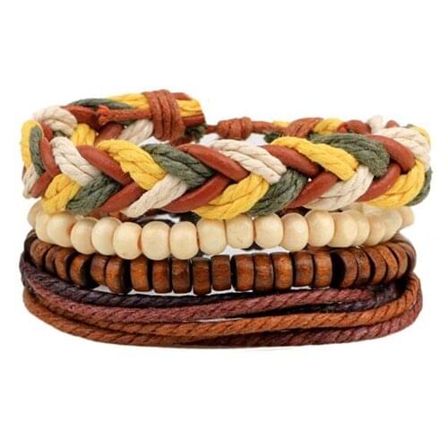 Trendy 4pcs/set Handmade Wood Bead Fashion Vintage Female Femme Homme Male Punk Charm Men Leather Bracelet For Women Jewelry