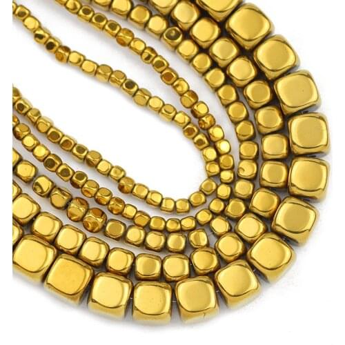 Gold Square Cube Hematite Natural Stone 2/3/4/6MM Spacers Charm Loose Beads For Jewelry Making Diy Bracelets Pendant Accessories