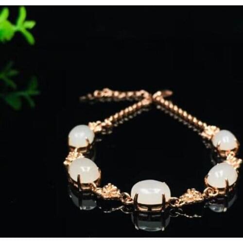 925 Silver Rose Gold Chain HeTian Jade Beads Inlay Lucky Bracelet Gift Certificate For Women Fine Jewelry