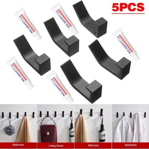 Black Robe Hook Wall Hooks Towel Hook For Bathroom Coat Hook Rustproof Hook Hanger Clothes Towels Keys Hangers Hanging 5Pcs