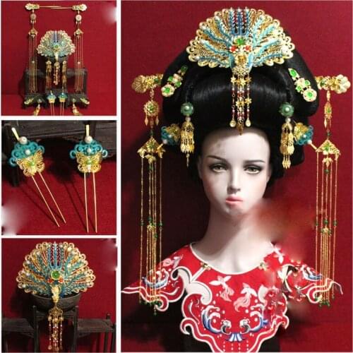 Ancient Chinese Empress Hair Tiara Imitate Dian Cui Blue Cloisonne Big Phoenix Tiara with Tassel Hair Sticks Cosplay Hair Set