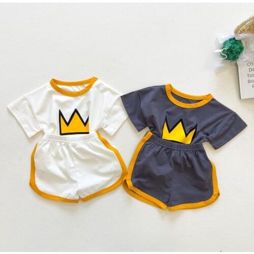 Summer Baby Girls and Boys Korean Style Crown Printing Sport Short-sleeve Suit