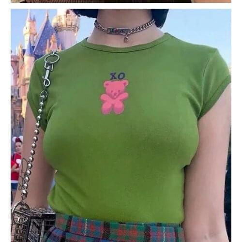 Hrigin 2020 Summer Female T-Shirt, Letter Bear Pattern Print Round Collar Short Sleeve Pullover Tops for Summer, Green/Coffee