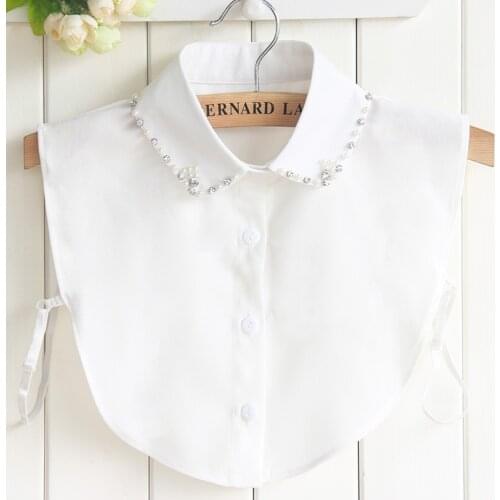 Linbaiway Womens Chiffon Fake Collar Solid Shirt Beads White False Collar Ladies Lapel Shirt Blouse Top Detachable Collar