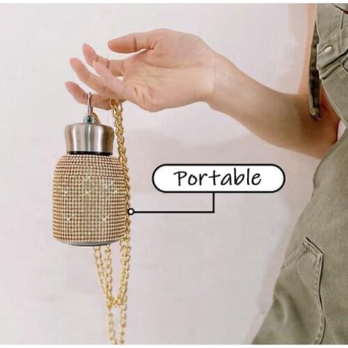 Cute Water Bottle Diamond Thermos Cup with Chain Sparkling Portable 220ml Stainless Steel Tumbler Rhinestones Flask for Women