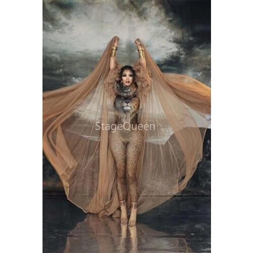 Fashion Design Cosplay Bodysuit Costume Tiger Jumpsuit Big Cloak Set Singer Sexy Stage Outfit Dance Prom Model Show Outfit