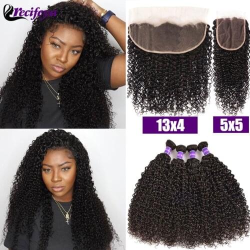 Peruvian Kinky Curly Bundles With Closure 100% Remy Human Hair Bundles With HD 5x5 Closure Kinky Curly Hair Bundles With Frontal