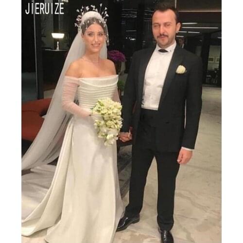JIERUIZE Elegant Sheath Wedding Dresses Off the Shoulder Long Sleeve With Detachable Train Ruched Wedding Gowns Vestido de novia