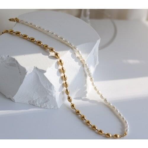 2021 New Trendy Freshwater Pearl Chain Necklace Jewelry Titanium Steel 18K Gold Beaded Chain Necklace For Women Wholesale