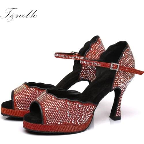 New Arrival Latin Dance Shoes Big Small Rhinestone Shining Skin Yellow Red Satin Women Ballroom Dancing Shoes Cuba Heel 9cm L391