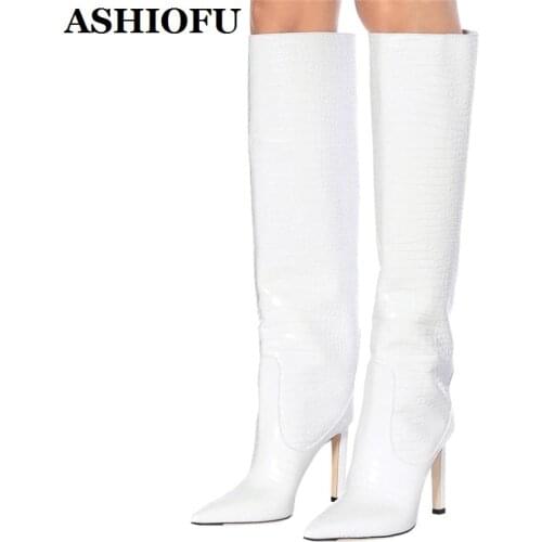 ASHIOFU New Style Handmade Womens Knee-high Boots Sexy Night-club Wedding High Heel Boots Evening Prom Fashion Winter Boots