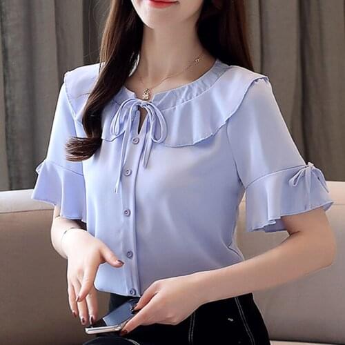 Womens Tops and Blouses 2020 Ladies Tops Korean Fashion Clothing Solid Bow Short Chiffon Peter Pan Collar Butterfly Sleeve 0582