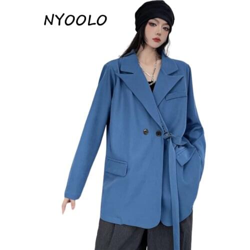 NYOOLO High Street Buckle Design Big Pockets Double Breasted Long Sleeve Blazer Jacket Women Clothes Spring Autumn Office Coats