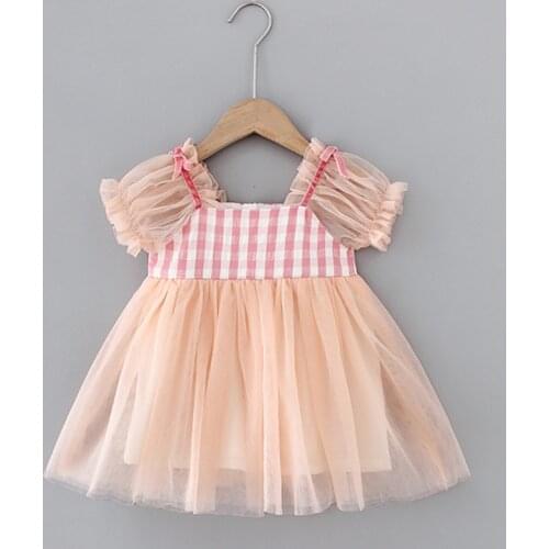 Baby Girl Plaid Splicing bow Dress Sweet Tulle Puff Sleeve Lady Princess Dress kids baby girl cloths