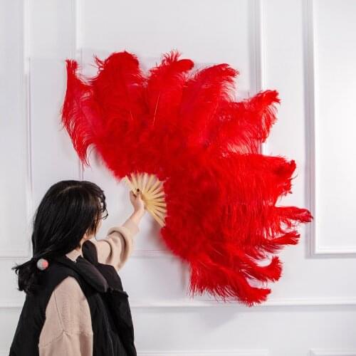 1pcs Red Ostrich Feather 13 Bone Real Ostrich Feather Carnival Stage Decoration Fan open size 75cm High quality