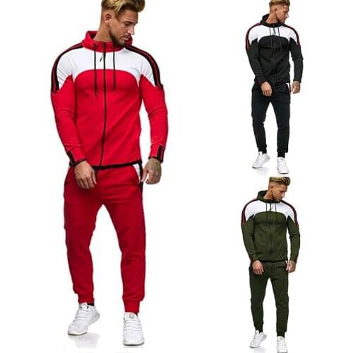 2020 Spring Mens Stitching Tracksuit Long Sleeve Zipper Hooded Sweatshirt Pants Running Sets Male Gym Jogging Sportswear Suit