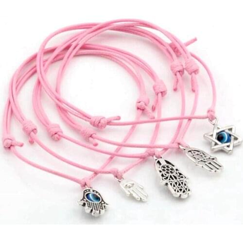 5pcs Mixed Kabbalah Hamsa Hand Star of David Charms Pink color Wax rope Adjustable Bracelets S112L35