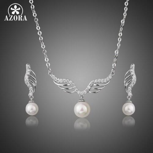 AZORA Angels Wings Stellux Austrian Crystal with Imitation Pearl Pendant Necklaces and Drop Earrings Jewelry Sets TG0230