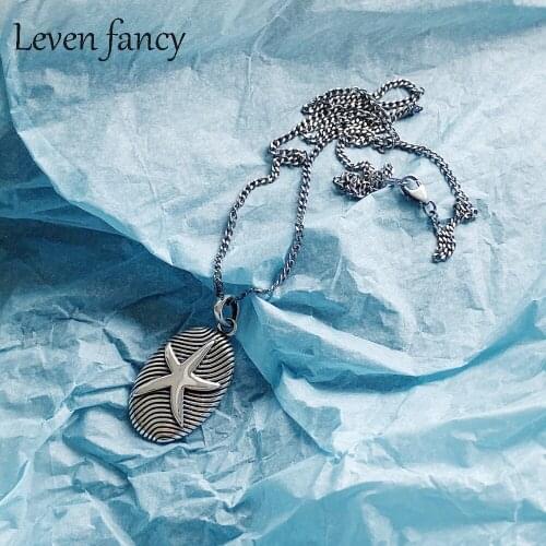 Bohemian Design Vintage 925 Sterling Silver Fingerprint Waves Starfish Necklace Sweater Chain Retro Star Pendant Necklaces