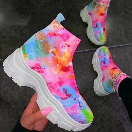 White Elastic Socks Boots Female Fashion Stretch Fabric Chunky Heel Ankle Boots Slip-On Solid Ladies Shoes Outdoor Woman Sneaker