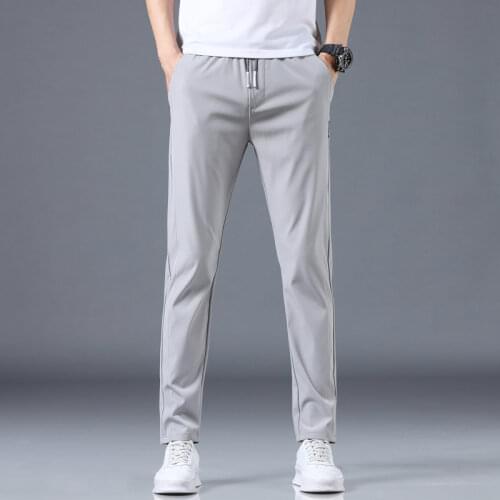 2021 New Summer Mens Casual Pants Men Pant Slim Fit Work Elastic Waist Light Thin Cool Grey Khaki Black Trousers Male 28-38