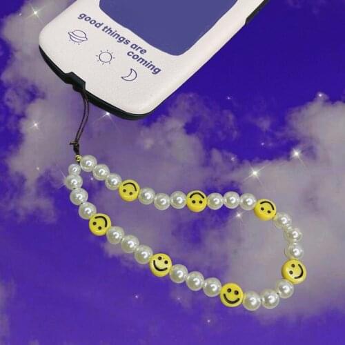 90s Aesthetic Pearl Smiley Phone Chain Charms Cartoon Vintage Handmade DIY Harajuku Keychains Accessories Women Gifts 2021