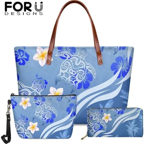 FORUDESIGNS Hawaiian Sea Turtle And Plumeria Flower Printed Ladies Large Capcity Handbags And Purses 3Pcs Female Casual Clutches