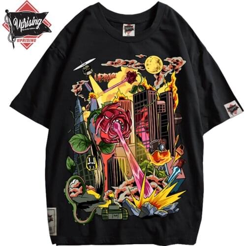 UPRISING T Shirt Men Rose Flower attack Printe Mens Tee Shirts Short Sleeve T Shirt Fashion High Street Tees Hip Hop Streetwear
